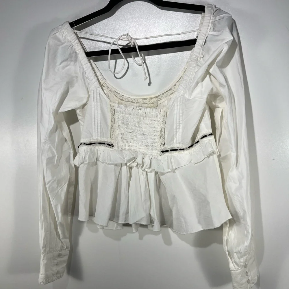Free People Cathleen White Black Ruffle Long Sleeve Top Sz X-Small